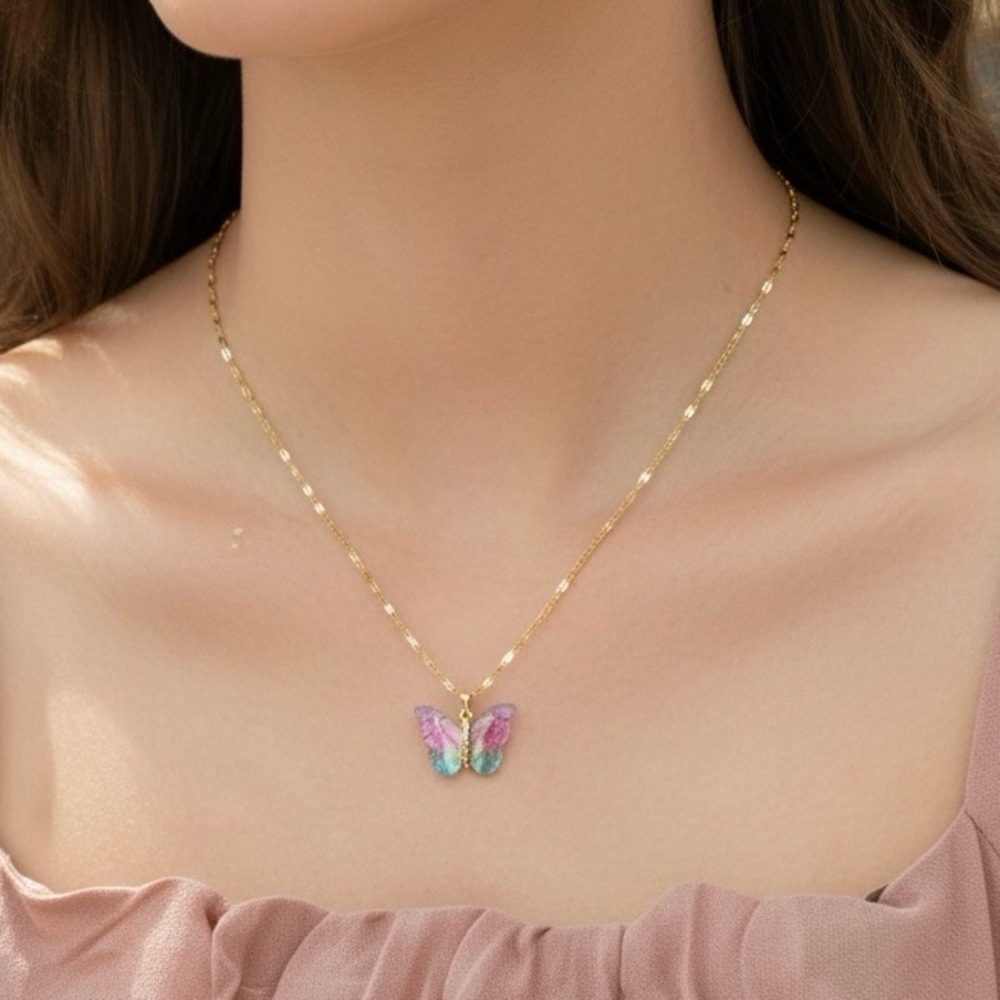 Butterfly Pink Green Gold Plated Necklace - Picture 5 of 13